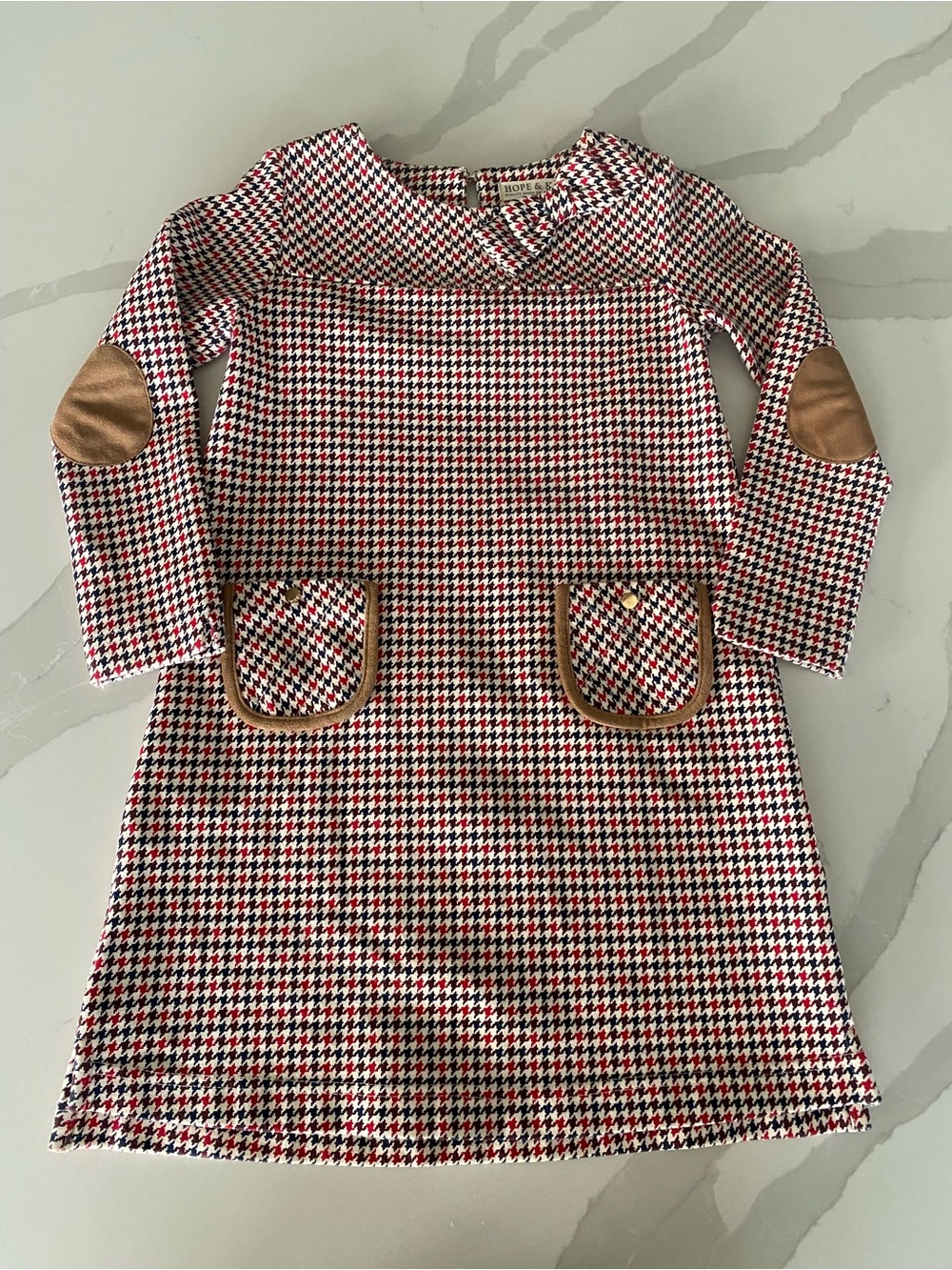 Hope & Henry Girls Sz 6 Houndstooth Collared Long Sleeve Shift Dress Pockets